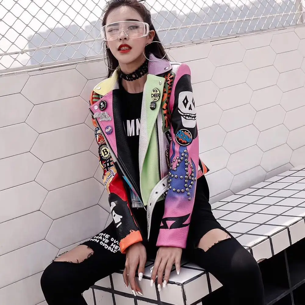 lower price  LORDXX Cropped Leather Jackets Women Hip hop Colorful Studded Coat New Spring Ladies Motorcycle Pun