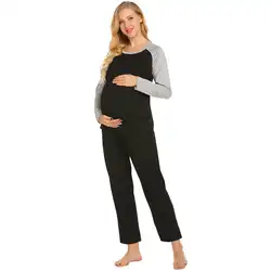 Женский Круглый вырез длинный рукав эластичный полная Длина Талия ночное белье длинные брюки для беременных пижамы комплект зима