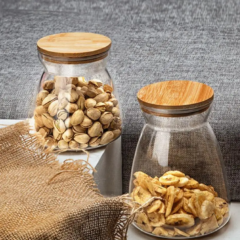 Glass Food Storage Bottle Bamboo Cover Sealed Grains Nuts Tank Can Kitchen Sorting Food Storage Box Container