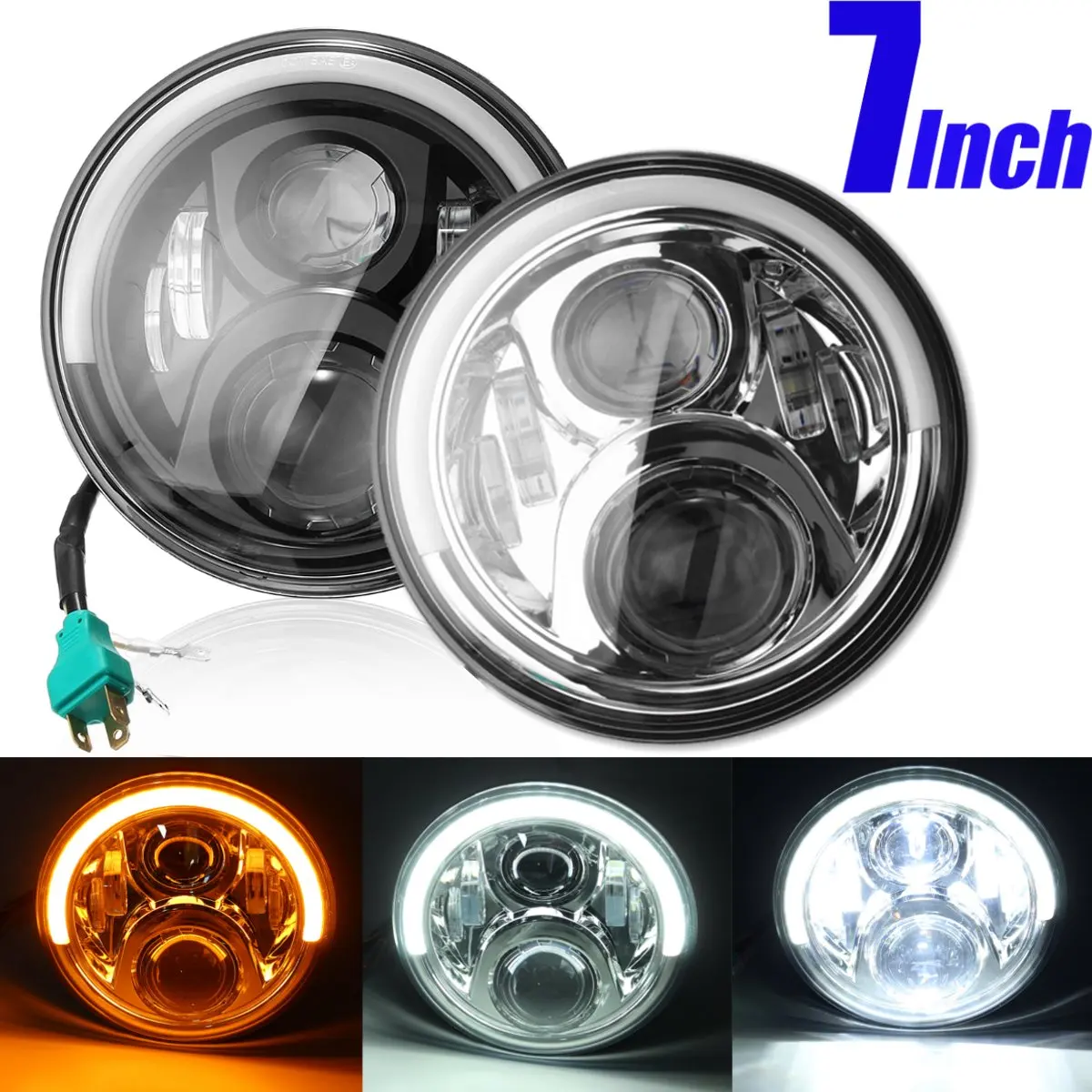 

7inch Led Motorcycle Headlight for Harley with Halo Angel Eye DRL Lights For Harely for JEEP for BENZ G for LAND ROVER defender