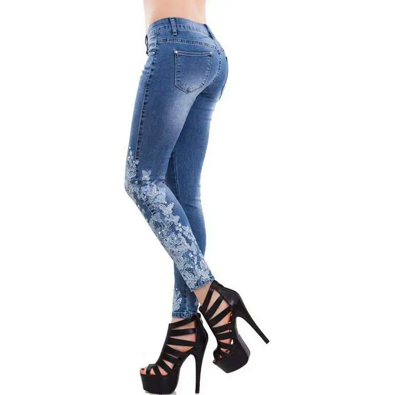 Plus Size 5XL Women Stretch High Waist Skinny Embroidery Jeans Ripped Woman Floral Denim Pants Trousers Women Jeans Pencil Pants