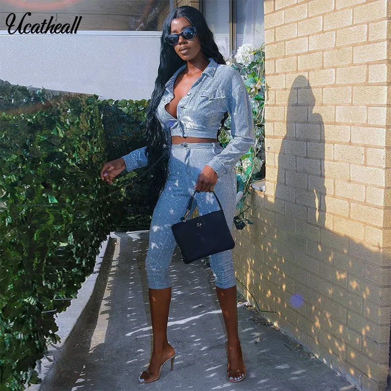 

Women Two Pieces Set Outfits Woman 2 Piece Pants Sets Sparkle Buttons Jacket Pencil Women Set
