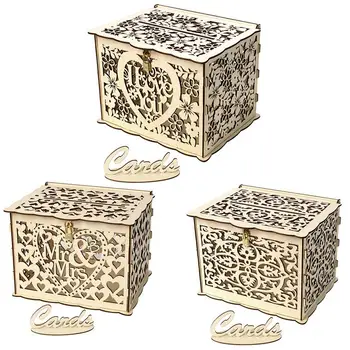 

Wooden Wedding Gift Box Business Card Box Wood Hollow Money Box with Lock Wedding Party Decoration Small Gift