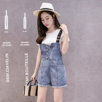

2019 Summer Frazzle Denim Shorts Women Slim Strap Short Jeans Pocket College Wind Suspendersr Sling Women Curl Shorts
