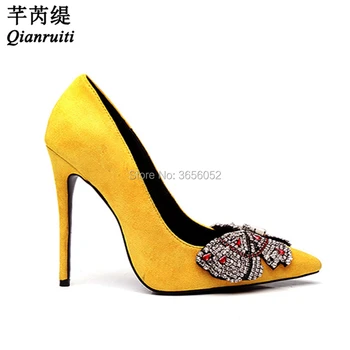 

Qianruiti Luxury Designer Women High Heels Bling Butterfly Rhinestone Wedding Shoes Bride Pointed Toe Black Yellow Crystal Pumps