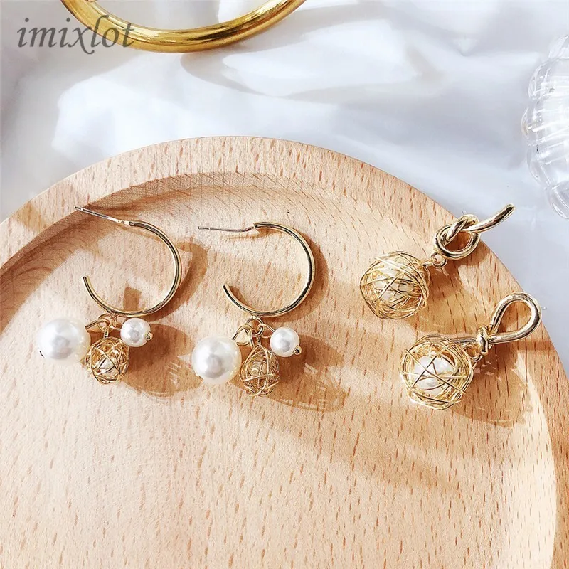 

Geometric Design Gold Metal Lines Winding Wrapped Pearl Hollow Ball Bird Nest Earrings For Women Jewelry