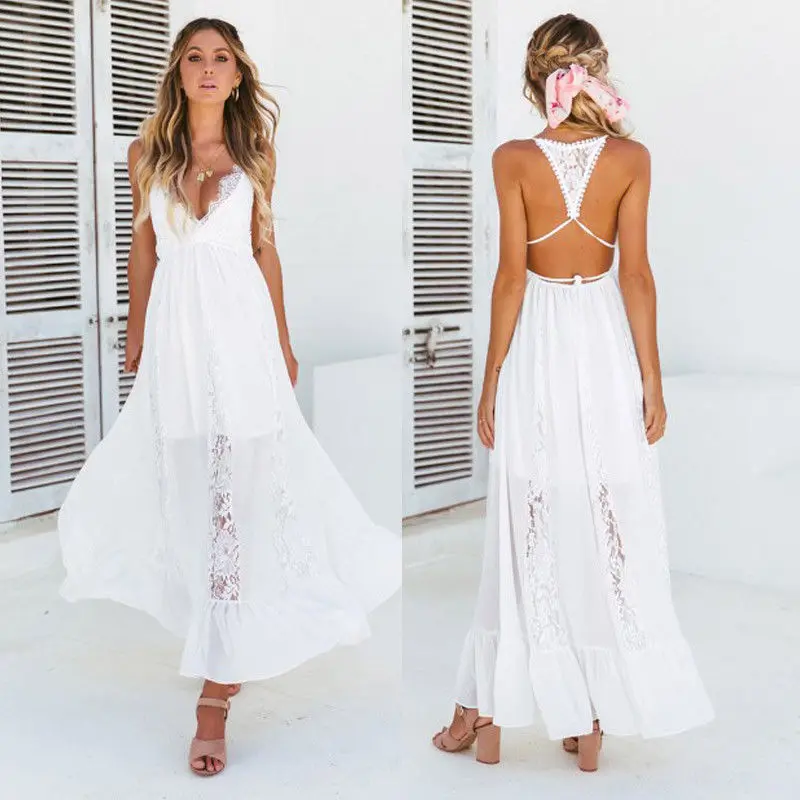 Новый Для женщин Boho кружева Длинные платье макси вечерние летние Пляжное Женские