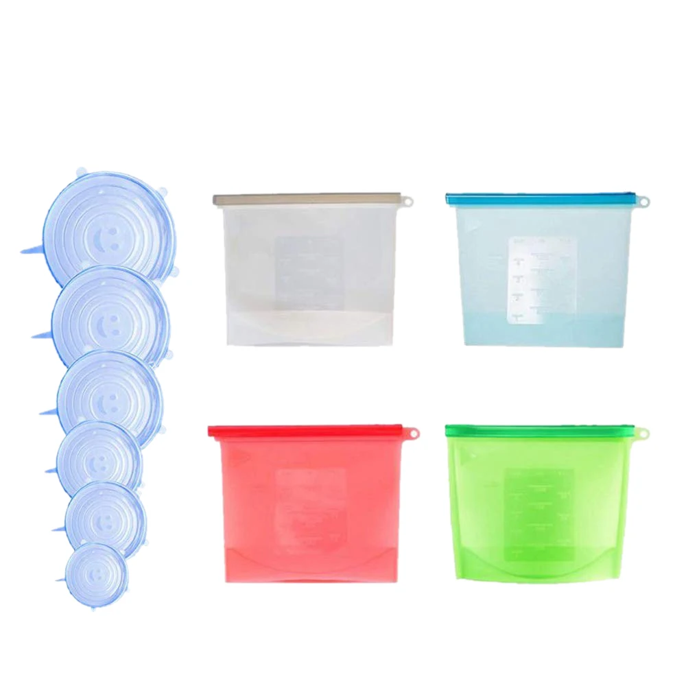 

Reusable Silicone Food Storage Kit, 4 BPA Free Food Storage Bags with 6 Silicone Stretch Lids, Eco-Friendly Convenience for Pr