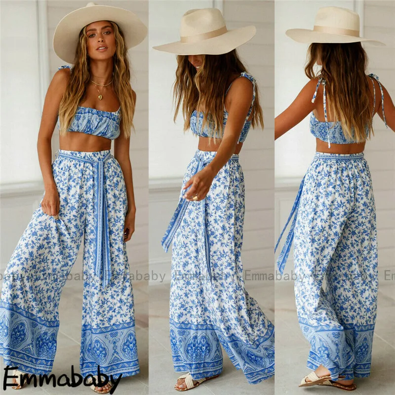 Women 2 Piece Outfit Set Summer Boho Crop Tops Long Pants Set Sleeveless Casual Loose Print Clothes Set