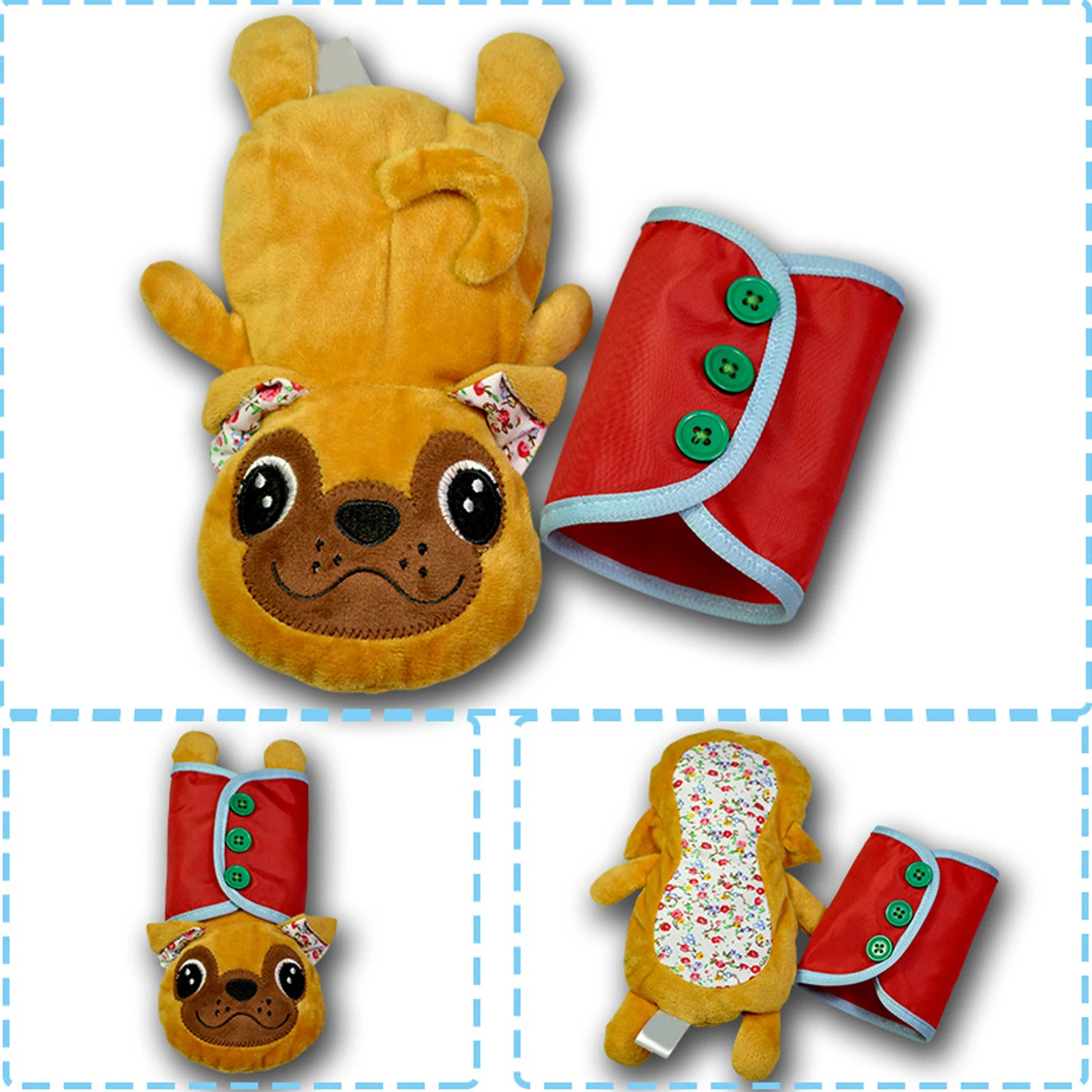  4PCS Baby Montessori Caroon Zipper/Button/Lacing/Snap Learning Dressing Plush Bulldog Doll Basic Li - 32993103490