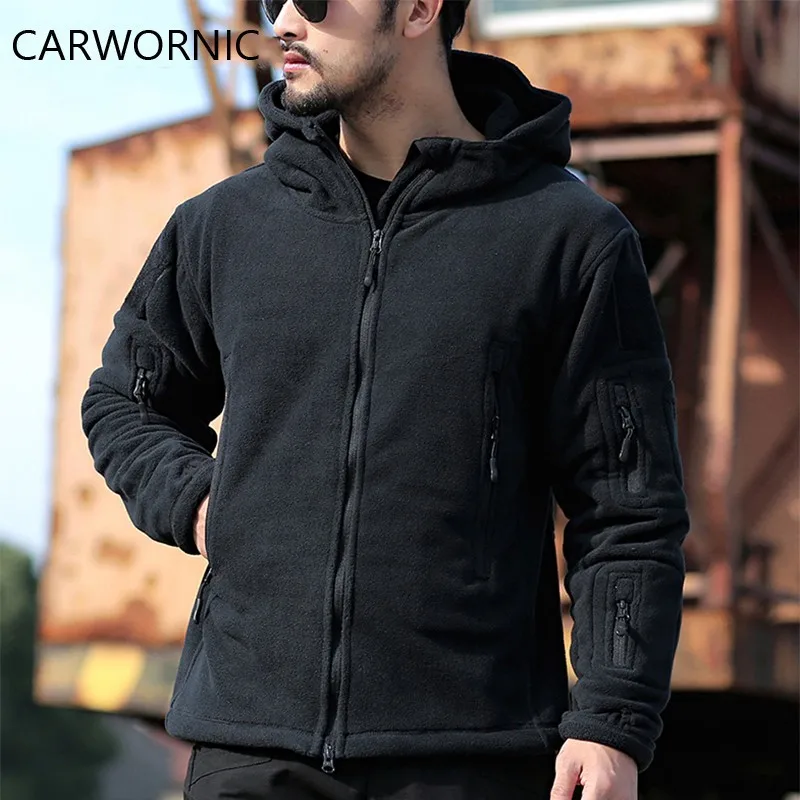 CARWORNIC Thicken Soft Shell Fleece Jackets Men Winter Hooded Windproof Tactical Outerwear Coat Casual Warm Jacket Clothes