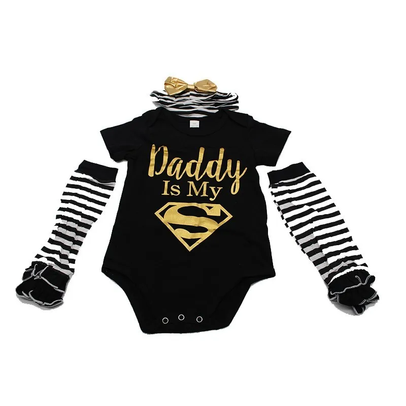 

2019 New pattern 3PCS Outfit Dad is My Superman Newborn Baby Girls Clothes Short Sleeve + Striped Legging Warmer pant +Headwear