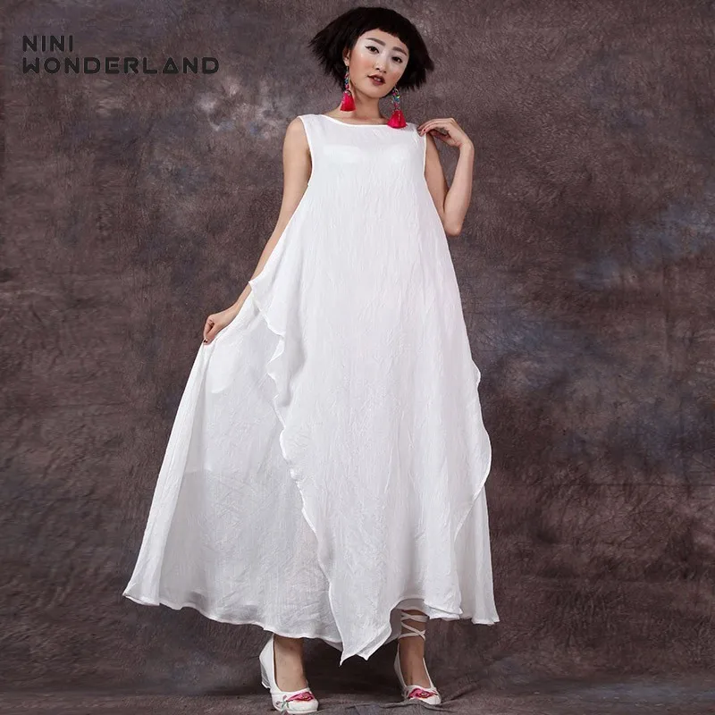 

NINI WONDERLAND 2019 Summer Irregular Dress Women Sleeveless Dresses Pure Color Large Bottom Long Dress Female Vintage Clothes