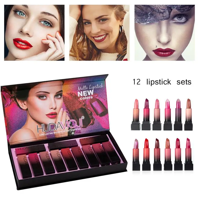 12PCS Lipstick Multicolor Not Easy To Discolor Non-stick Cup Lipstick Matte Smooth Moisturizing Lip Gloss Waterproof Sexy
