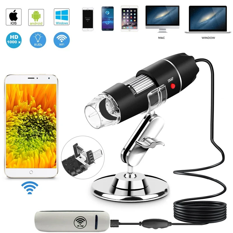 

New 50 to 1000x WIFI Magnification, 8 LED USB 2.0 Digital Microscope, Mini Camera with WIFI Transmitter and Metal Stand