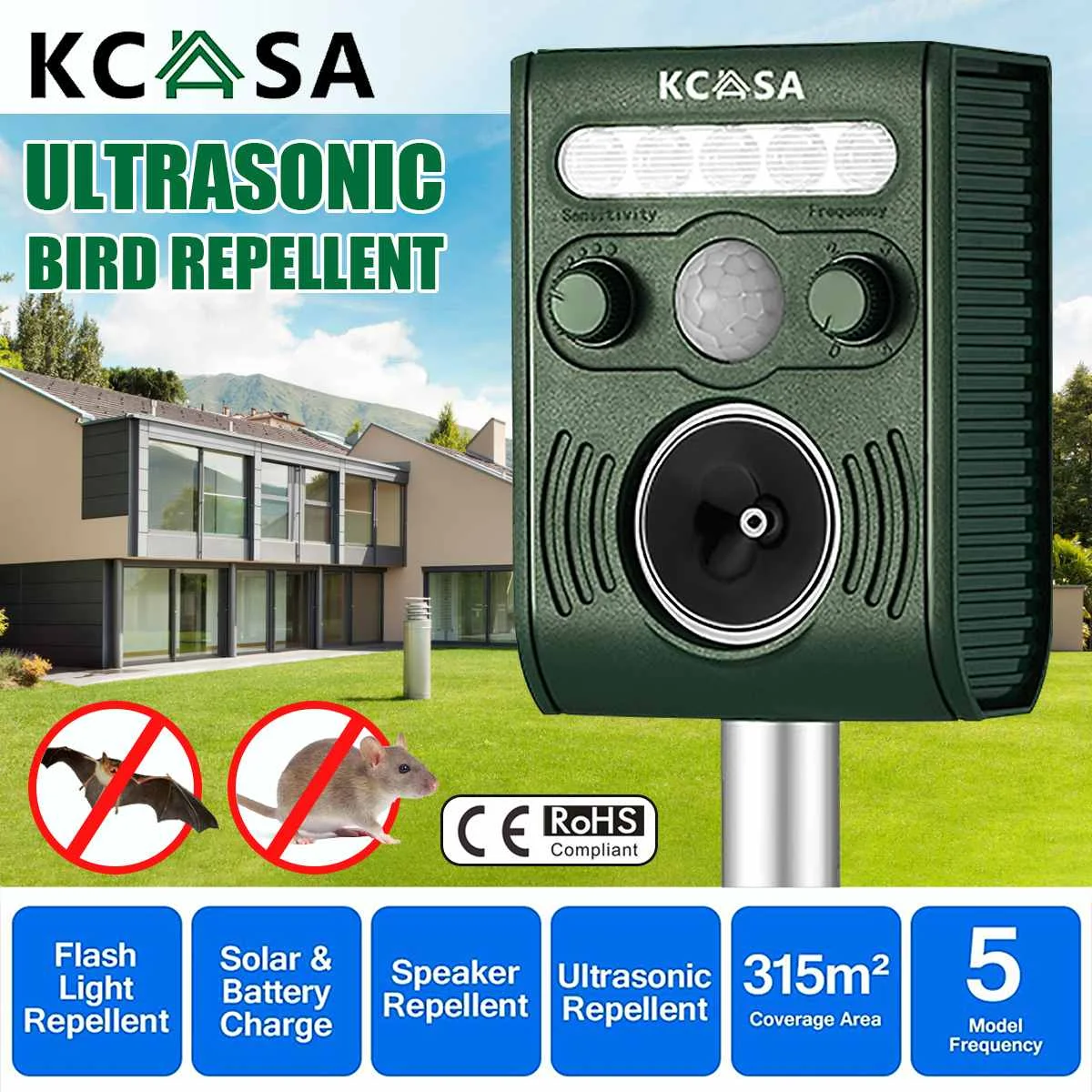 

Waterproof Garden Ultrasonic PIR Sensor Solar-powered Ultrasonic Animal Dispeller with Sound Strong Flashlight Dog Repeller