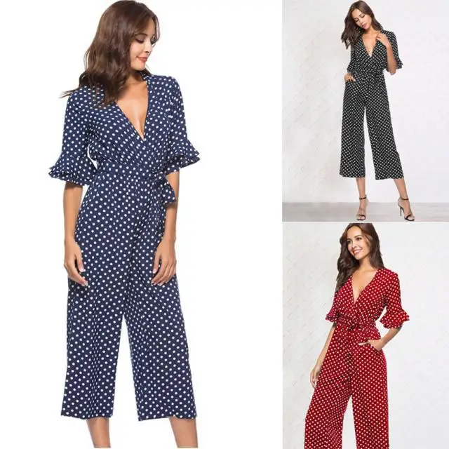 2019 Summer Women Sexy V Neck Wide Leg Jumpsuit Casual Elegant Ruffle Half Sleeve Long Rompers Polka Dot Lace Up Playsuits 2019 Summer Women Sexy V Neck Wide Leg Jumpsuit Casual Elegant Ruffle Half Sleeve Long Rompers Polka Dot Lace Up Playsuits