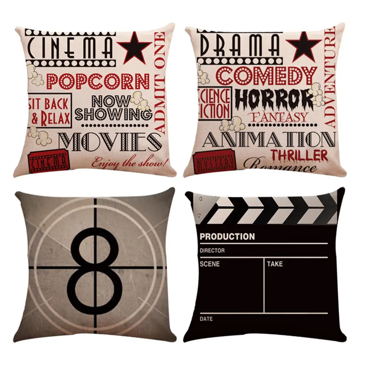 

4pcs Vintage Popcorn Home Movie Prints Pillow Cover 18"X18" Linen Soft Throw Pillow Case House Decorative