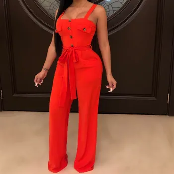 

Sleeveless Buttons Belt Sexy Jumpsuit Women Elegant Long Wide Leg Playsuit Summer Casual Lady Party Vintage Overalls