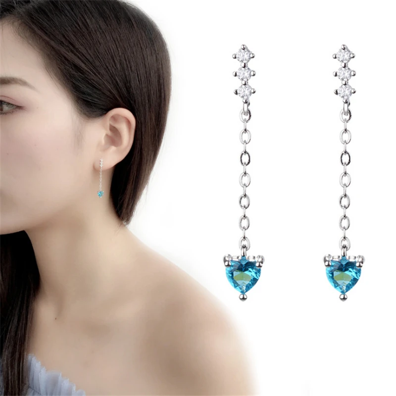 

HEYLUOKE Wholesale Fashion jewelry love ocean heart Blue Austrian crystal 925 Sterling Silver Earrings Long tassels Ear wire