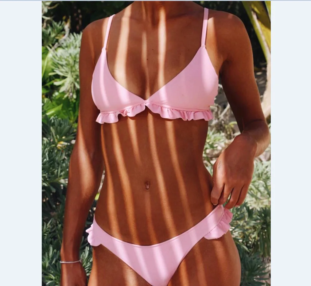 2019 Women Bikini Set Swimwear Padded Bra Solid Ruffle Beachwear Bathing Suit