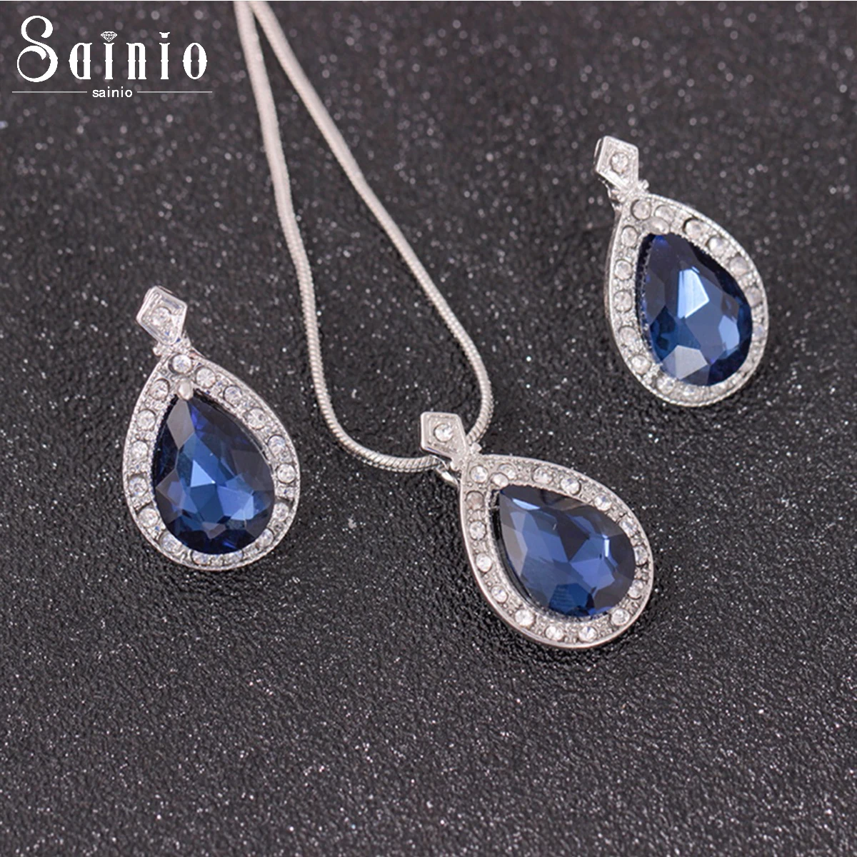 

Sainio Blue Crystal Water Drop Jewelry Set Zircon CZ Necklace Earring Set For Women Statement Wedding Party Jewelry Set