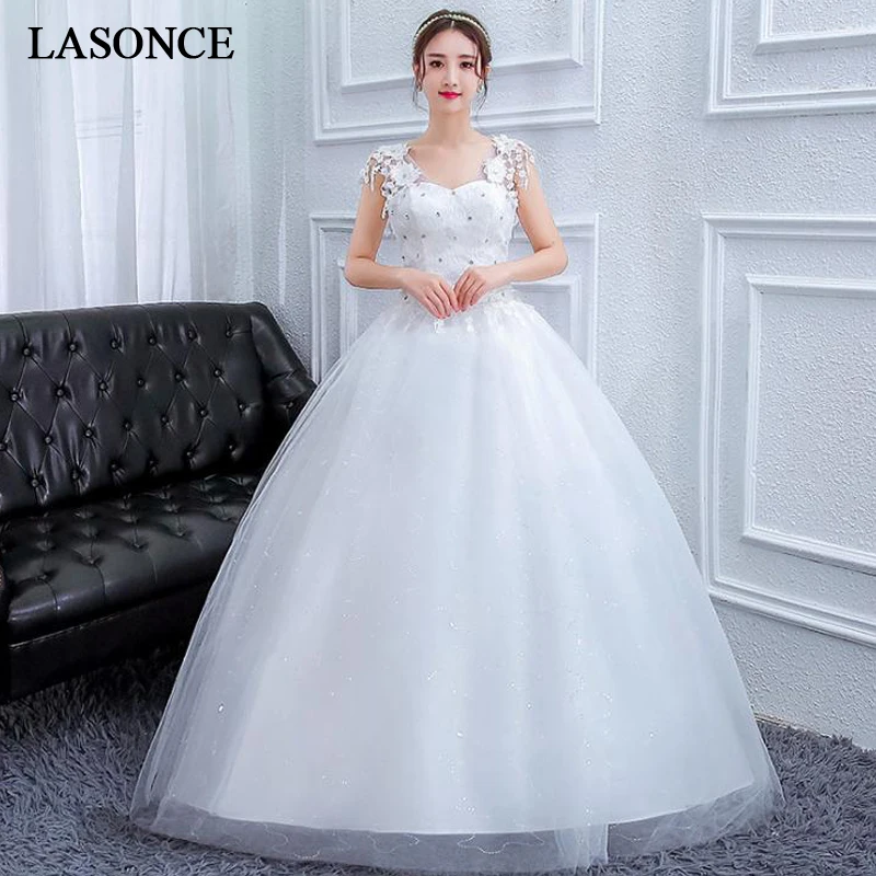 

LASONCE Crystal V Neck Lace Flowers Appliques Ball Gown Wedding Dresses Sequined Illusion Backless Bridal Dress