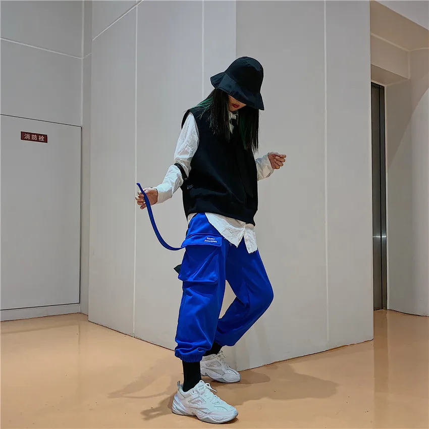 

Embroidery Cargo Pocket Patchwork Long Tassel Strap Jogger Pant Winter Autumn Sweatpant Tracksuit Trouser Hiphop Streetwear 2019