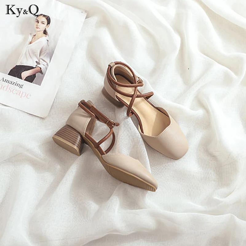 

2019 Summer New Style Ladies Fashion Baotou Cross Straps Comfortable Thick With Non-slip Casual High Heel Wild Sandals 5-8cm