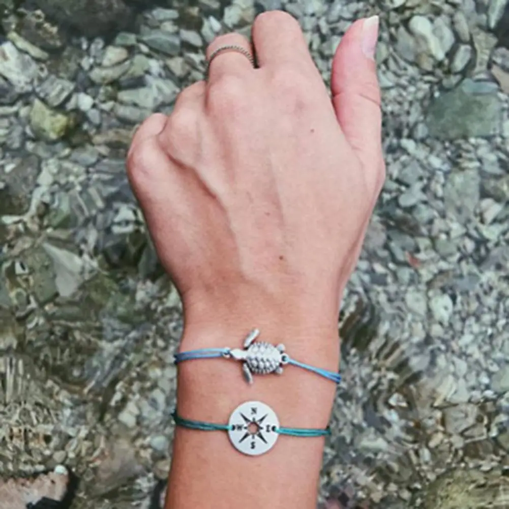 

2Pcs/Set Vintage Women Turtle Round Compass Charm Wrist Bracelet Jewelry Gifts