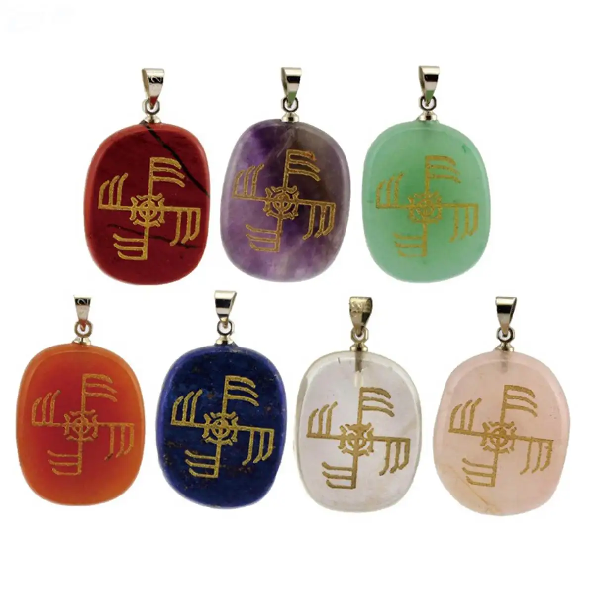 

7pcs/Set Chakra Stones Pendant Carved Crystal Reiki Healing Engraved Vikings Rune Ginfaxi Talsman Symbol Treatment Jewelry