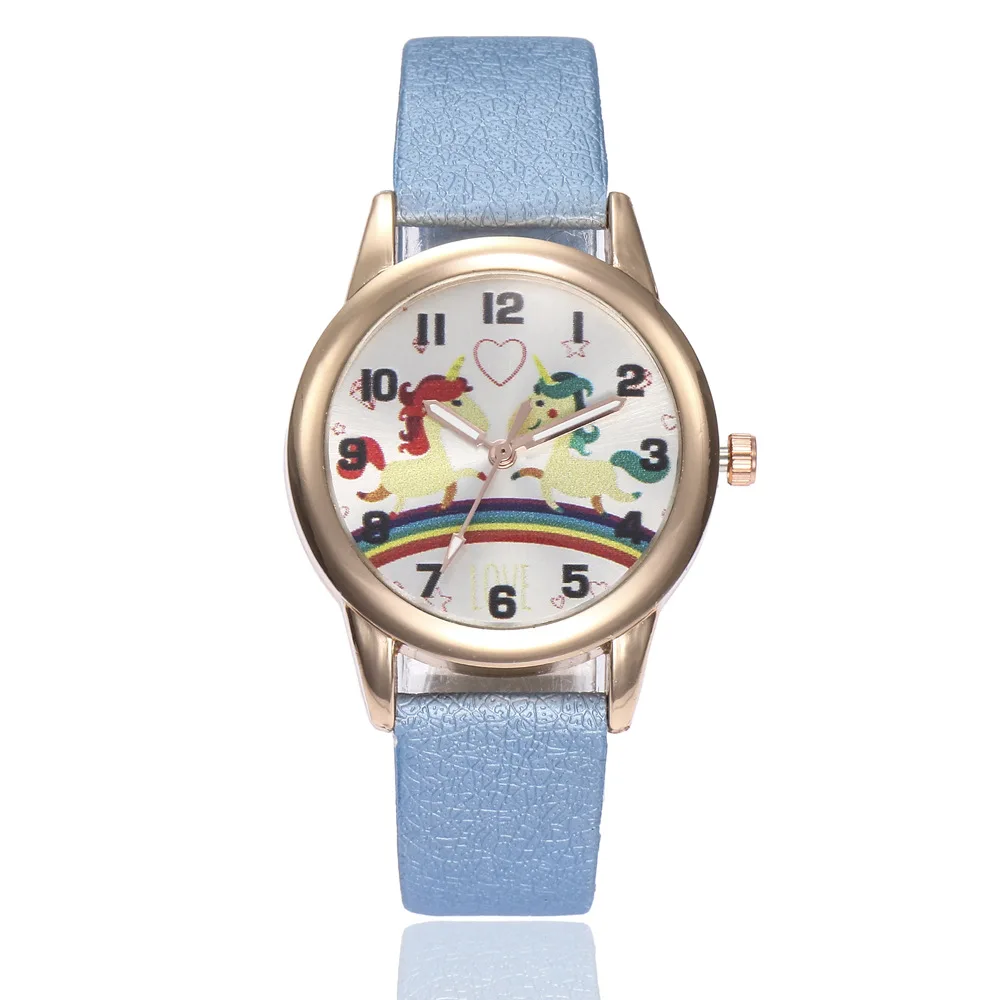 Children Watches Casual Leather Wristwatch Cartoon Student Rainbow Pony Love Digital Quartz Watch Child Dress Clock Xmas Gifts