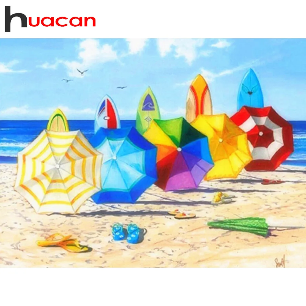 

huacan Diamond Painting Beach Umbrella Landscape Full Square 5D DIY Diamond Embroidery Cross Stitch Mosaic Decor Home Gift