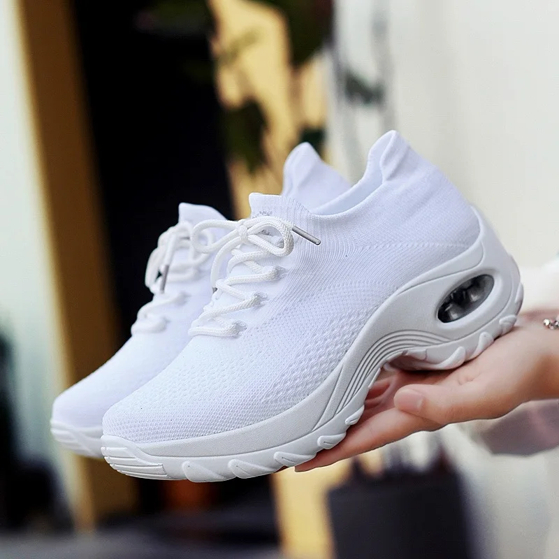 

SWONCO White Shoes Sneakers Platform Women 2019 Autumn New Wedge Rocking Shoes Lose Weight Female Casual Wedge Sneakers Size 42