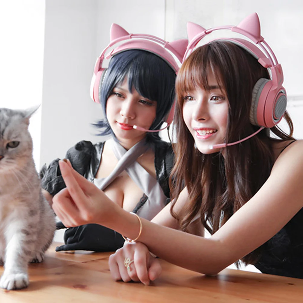 

NEW Stereo USB Plug Virtual Channel Earmuff Gift Cat Ear Noise Canceling Gaming Headset Cute LED Indicator Ergonomic Lightweight