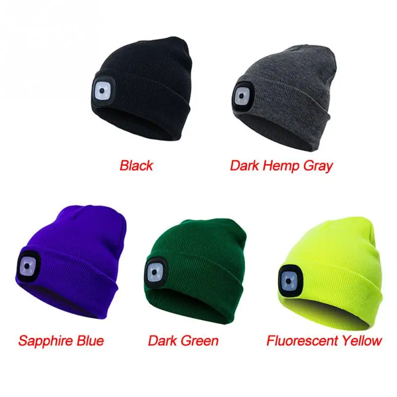 Men Women 5LED Beanie Hat Winter Warm Knitted Cap Head Lamp Light Battery Power