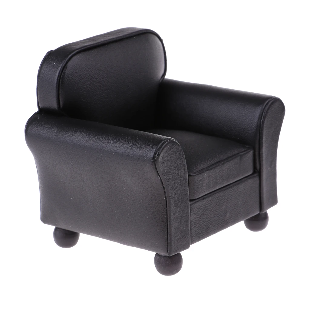 

European Style 12th Leather Couch Single Sofa Chair Dollhouse Living Room Furniture Home Model Display Ornaments Black