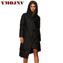 YMOJNV бренд дизайн зимний пуховик для женщин трендовая необычная длина с капюшоном черный пуховик женская модная зимняя одежда