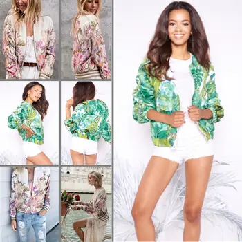 

New Women Fashion Charming Hot Sale Stand Collar Long Sleeve Zipper Floral Printed Bomber Jacket