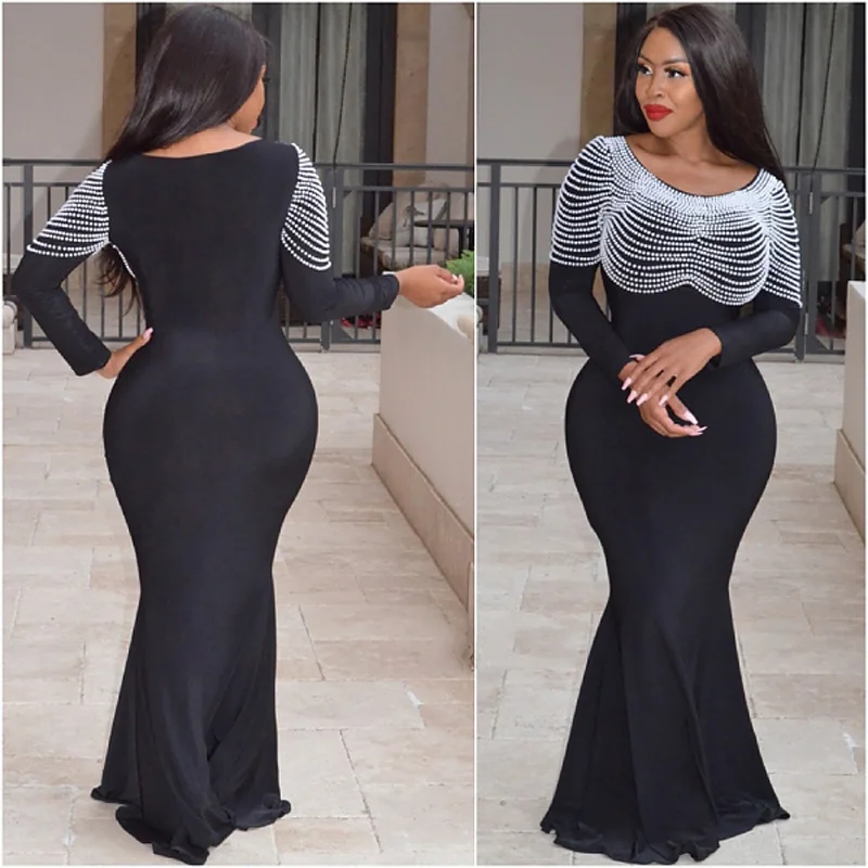 

Pure Color Trumpet Long Sleeve Vintage Dress O Neck Chiffon Maxi Party Night Club Dresses Rivet Elegant Vestidos Verano 2019