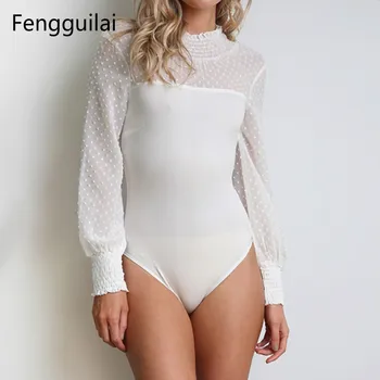 

Women White Solid Slim Casual Bodysuit Female 2019 Autumn Long Sleeve Lace Elegant Romper Streetwear Bodycon Playsuit