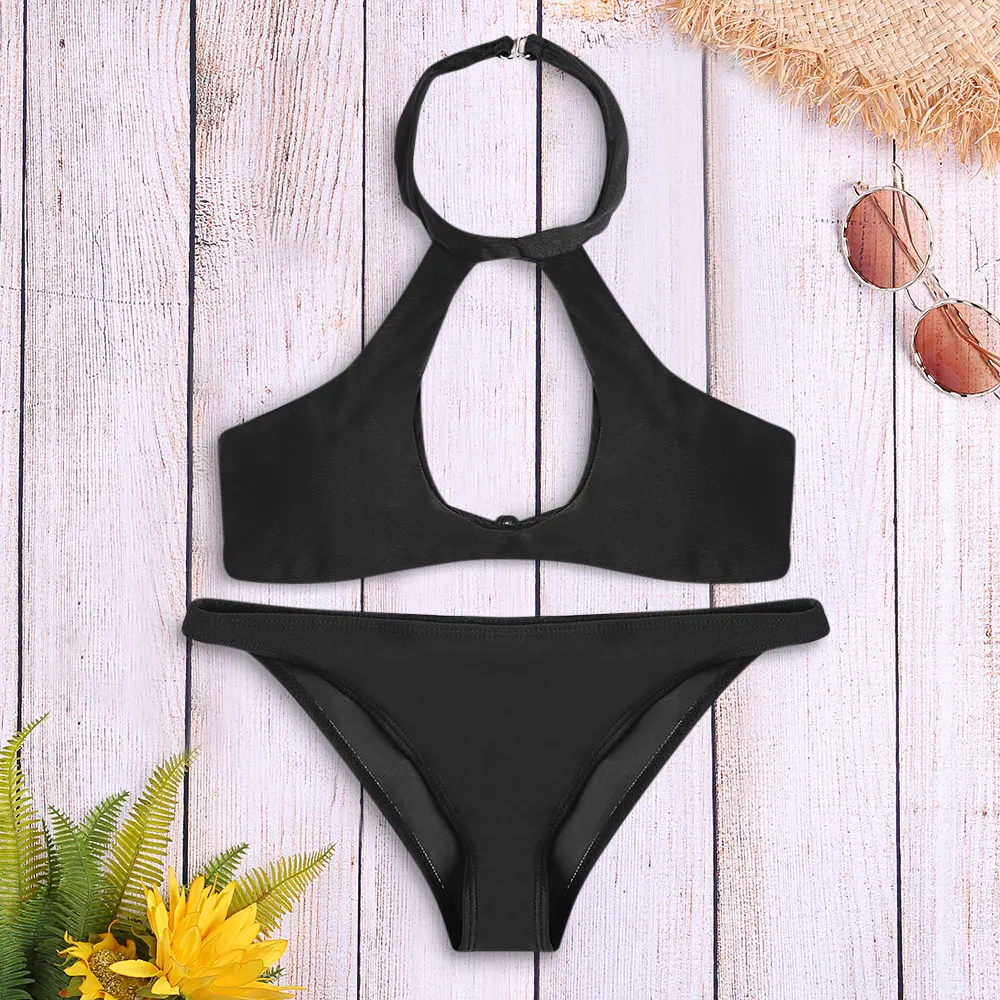 

Halter Neck Backless Cut Out Padded Low Waist Solid Color Women Bikini Set