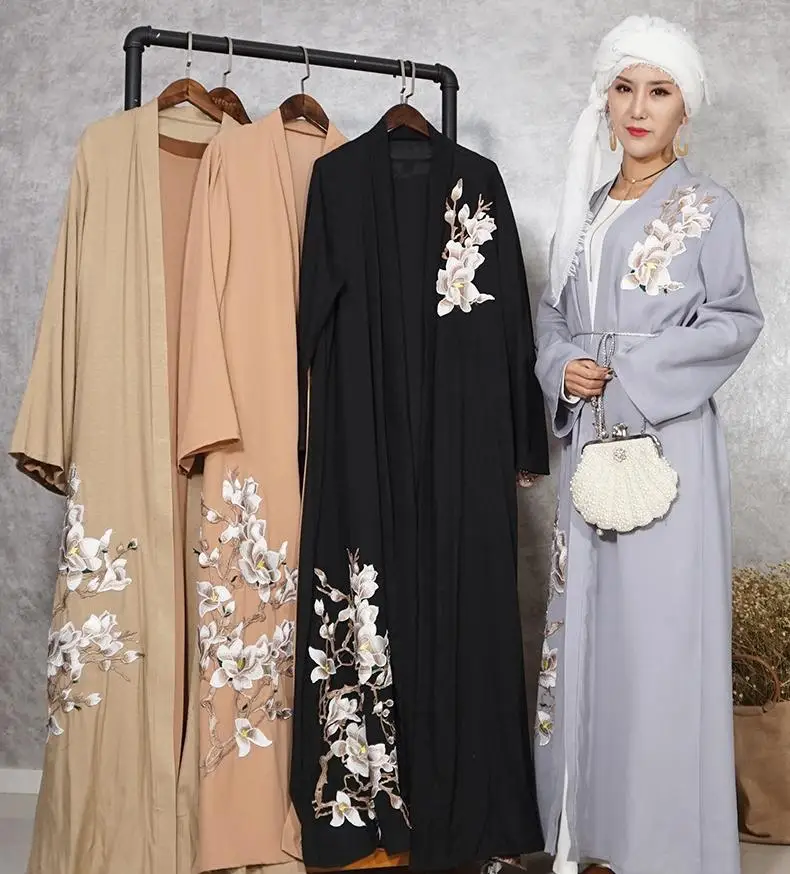 Dubai Dress Islamic Clothing Flower Embroidery Open Cardigan Muslim