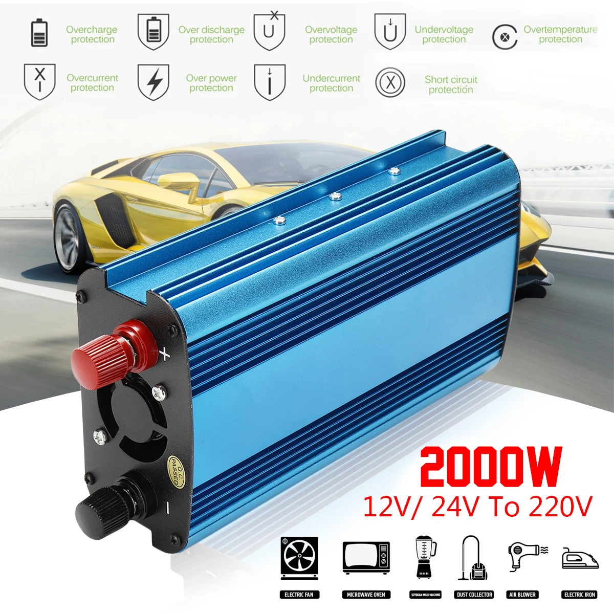

Voltage Transformer LED 12/24V DC to 110/220V Peak 2000W/1000W Solar Power Inverter AC Sine Wave Converter Manual Switch
