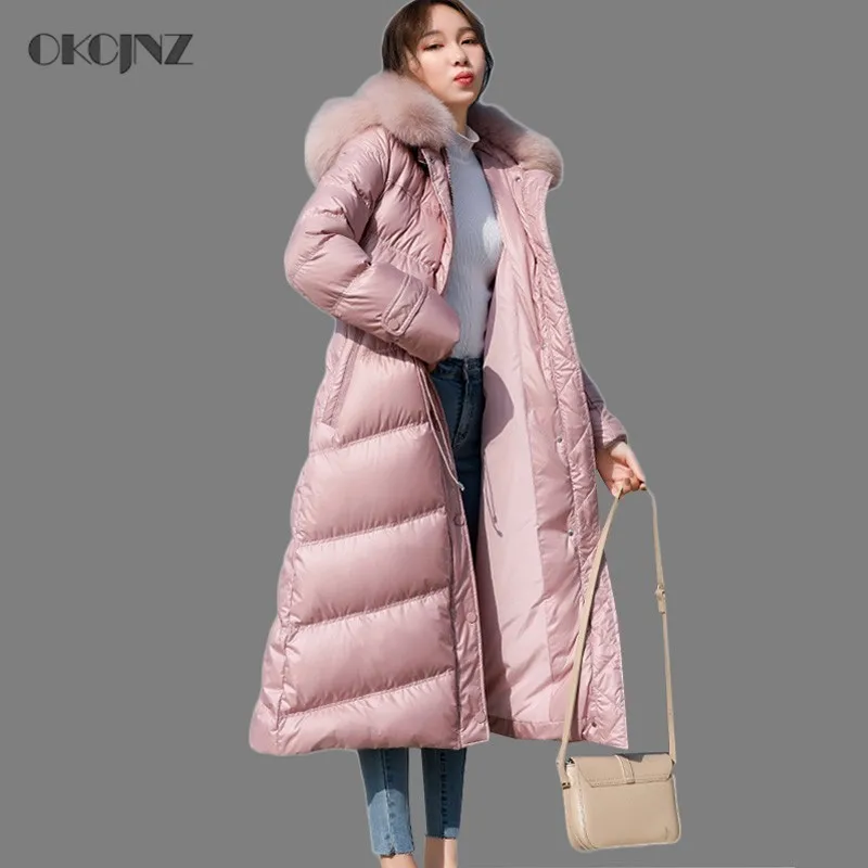 

2019 Long White Duck Down Jacket Women Goose Feather Coat Fur Collar Hooded Parka Slim Solid Color Thick Warm Outerwear OKQ201