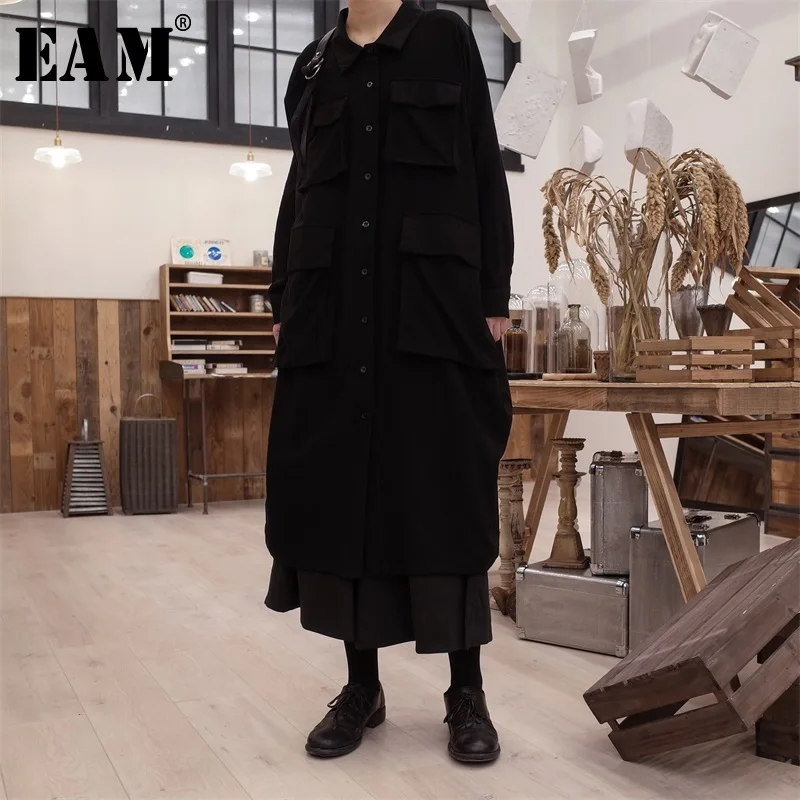 

[EAM] 2019 Spring Woman New Solid Color Long Sleeve Turn-down Collar Spliced Pockets Single Breasted Long Loose Shirt LI421