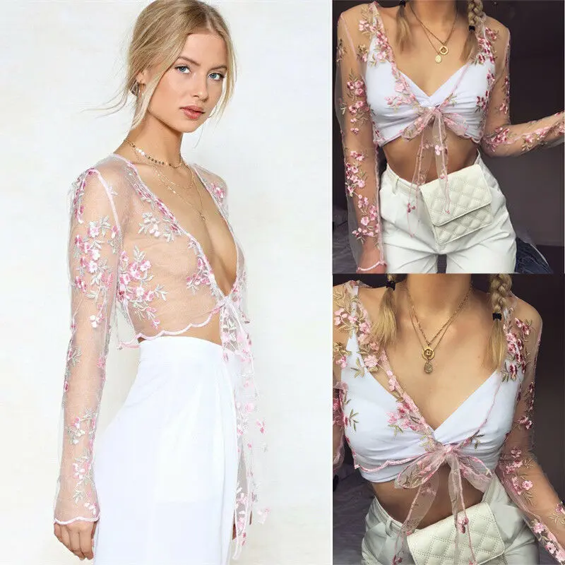 

Women Sexy Mesh Sheer Long Sleeve Net See-through Dragon Crop Top T Shirt Tee