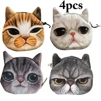 

4PCS 3D Cartoon Cat Plush Purse Creative Cute Small Tail Cat Plush Wallet Cat Head Storage Bag