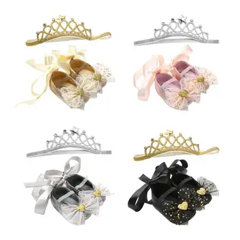 

Baby Shoes Princess Shoes Hair Band Suit 2 Piece Set Crown Elastic Hairband Baby Bowknot Shoes