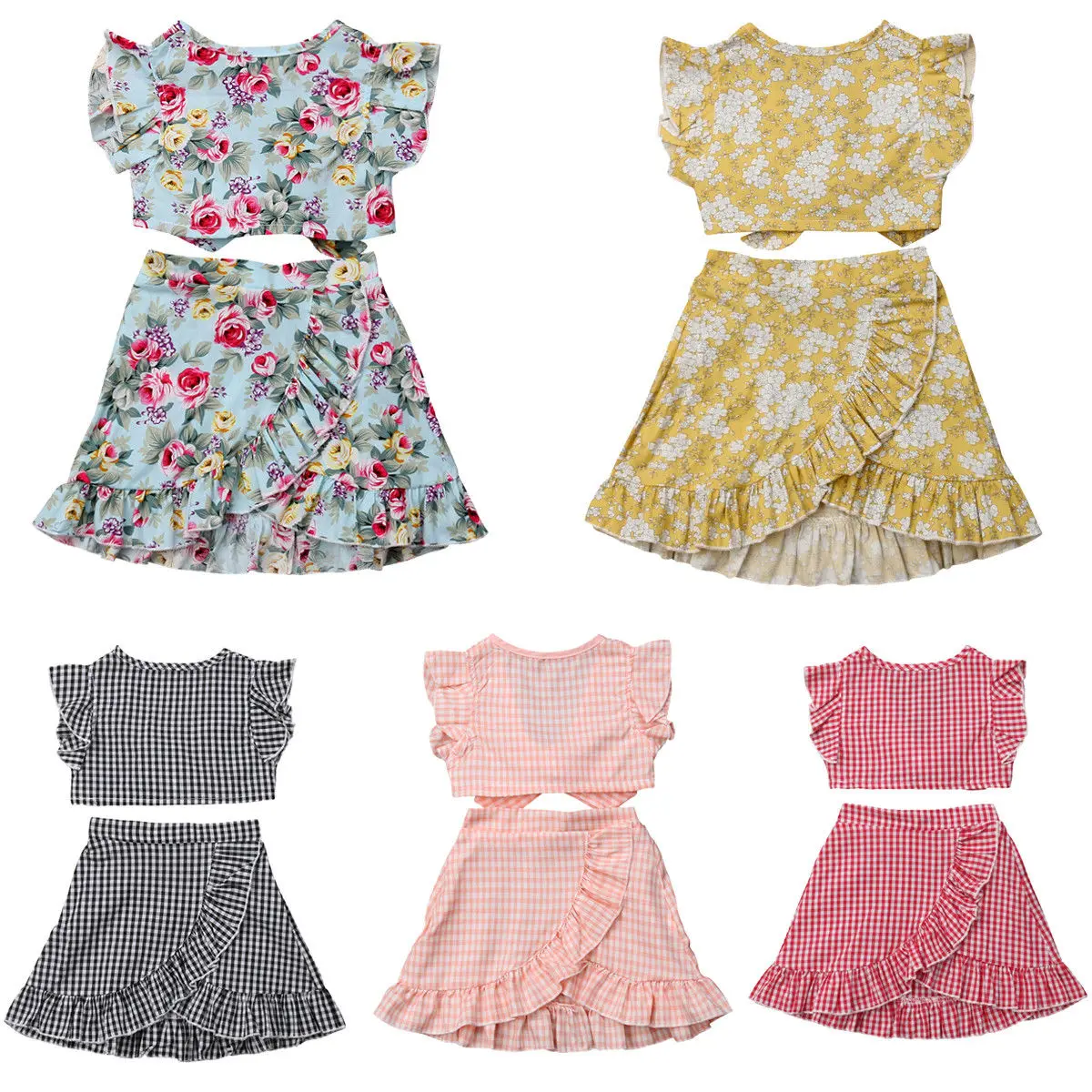 

Summer Pretty Cute Infant Kids Baby Girls Clothes Sets 2PCS Sleeveless Floral Plaid Print Belt Vest Tops+Ruffles Skirts